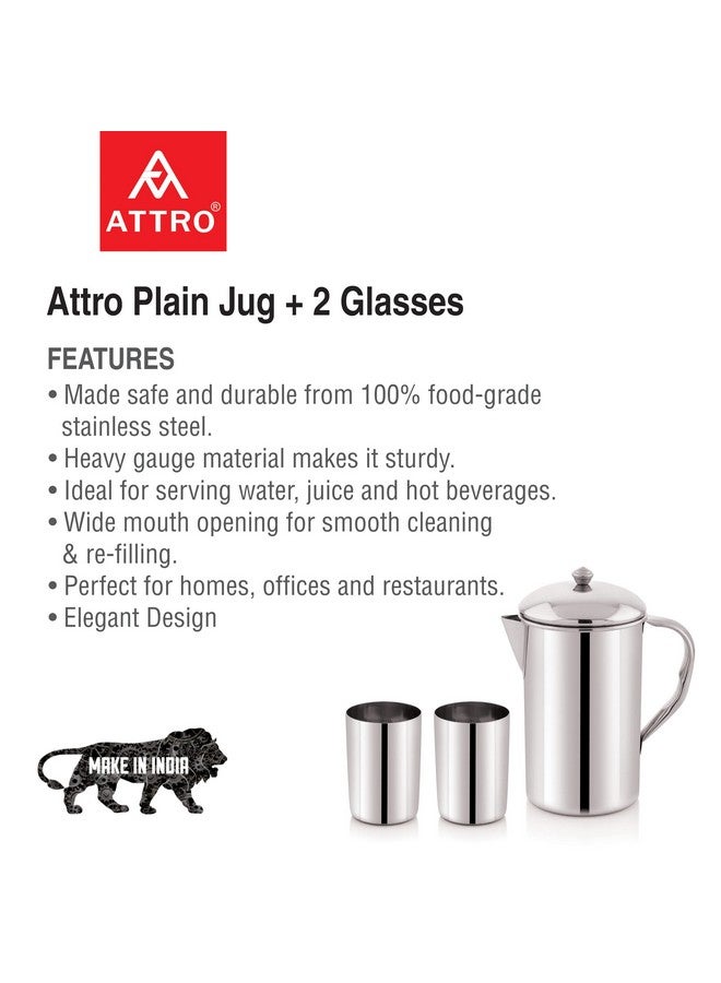 Attro Stainless Steel Jug Set with 2 Glass with Lid, Look Perfect on Dinning Table 1500 ml - Silver - Image 4