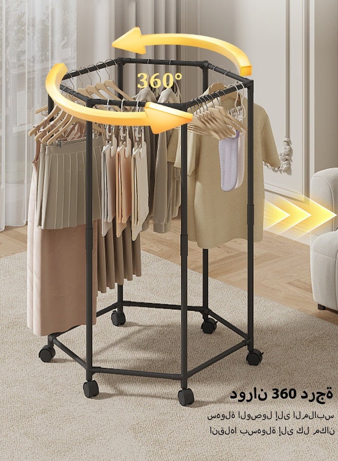 Heavy-Duty 360° Rotating Clothes Drying Rack, Hexagonal Laundry Drying Stand with Wheels, Foldable Garment Organizer for Home, Patio, Balcony 120*74.5*35cm(Black) - Image 4