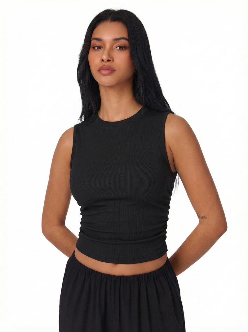 CIDER Crop Tops for Women Mimi Cuttrell Basic Sleeveless Ruched Going Out Summer Casual Ribbed Tank Top Black - Image 4