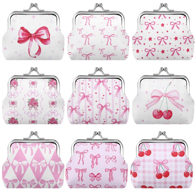 PIAOPIAONIU 9 Pcs Pink Bow Coin Purse Bulk for Women Mini Kiss Lock Change Purses Inspirational Vintage Cute Travel Pouches Wallet Bag for Ladies Mother Teacher Colleague Gifts - Image 1