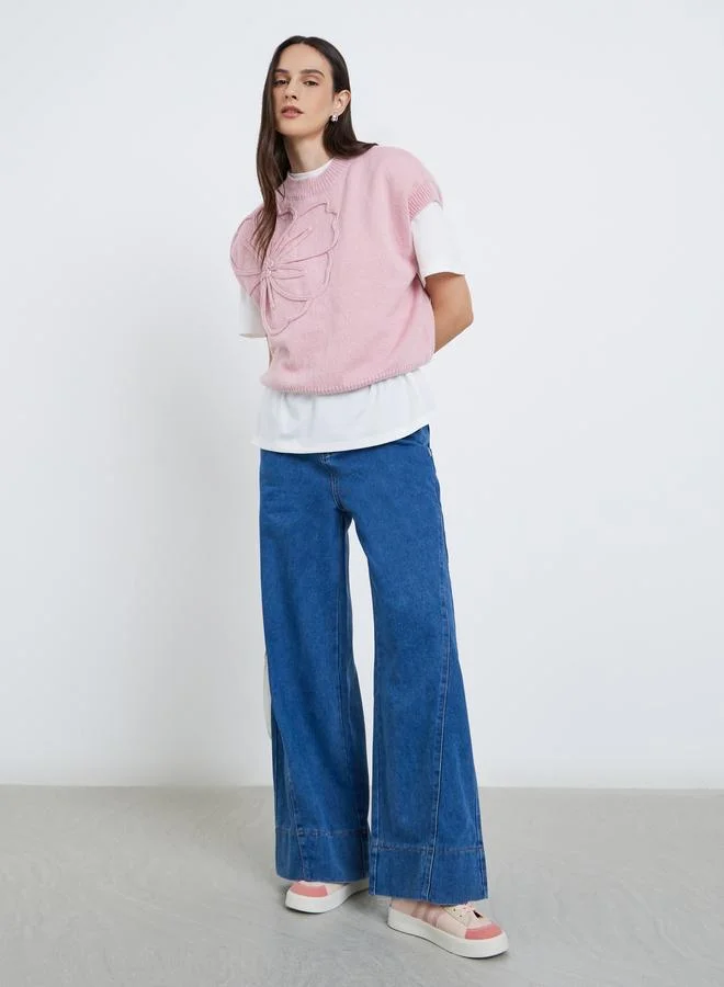 Styli Styli Flower Pattern Ribbed Trim Top