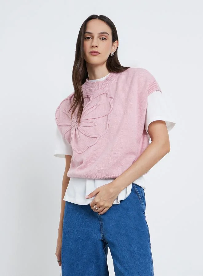 Styli Styli Flower Pattern Ribbed Trim Top