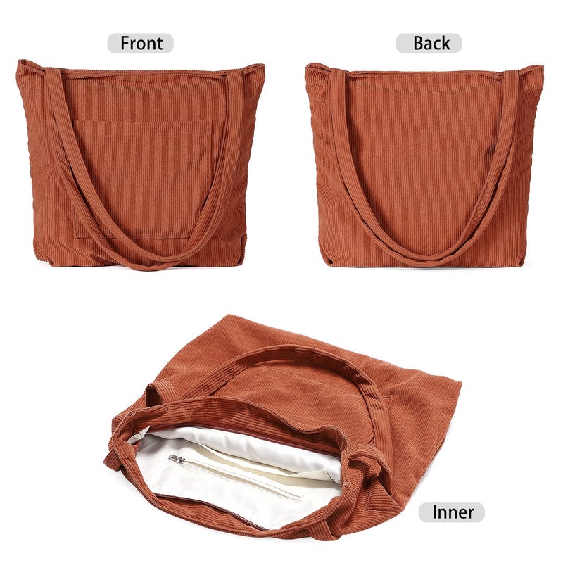 WantGor Women Corduroy Tote, Large Shoulder Hobo Bags Casual Handbags Big Capacity Shopping Purses Work Bag (Brown) - Image 3