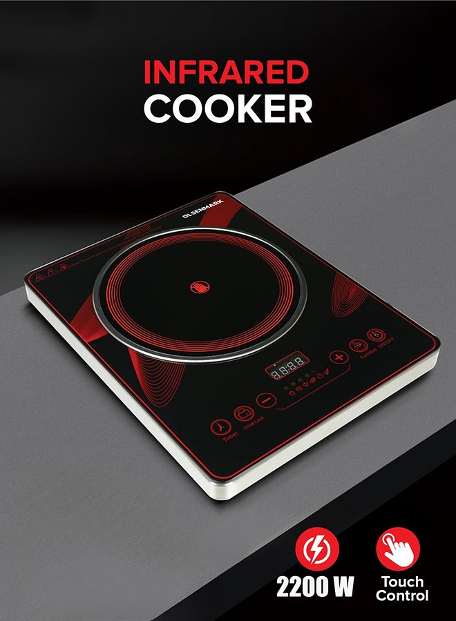 Olsenmark Digital Control Electric Infrared Cooker, Single Cooking Hob, Burner With Adjustable Temperature, Energy Saving/ Touch Control, 20 Settings, Stainless Steel Body and Tempered Glass Panel, 2 Years Warranty 2200 W OMIC2092M Black/Red - Image 1