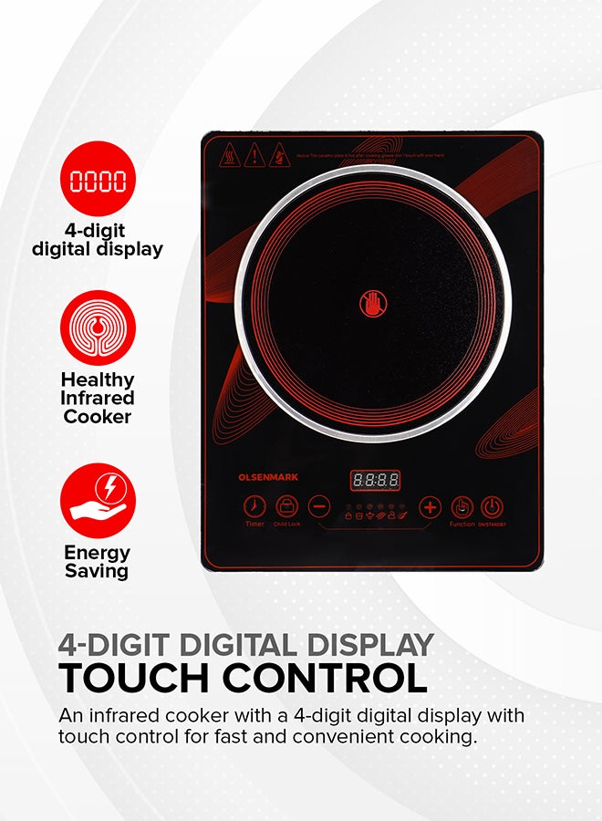 Olsenmark Digital Control Electric Infrared Cooker, Single Cooking Hob, Burner With Adjustable Temperature, Energy Saving/ Touch Control, 20 Settings, Stainless Steel Body and Tempered Glass Panel, 2 Years Warranty 2200 W OMIC2092M Black/Red - Image 3