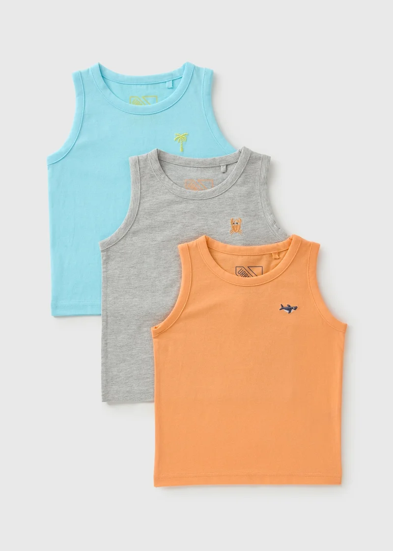 Matalan Boys 3 Pack Orange/Blue/Grey Embroidered Vests