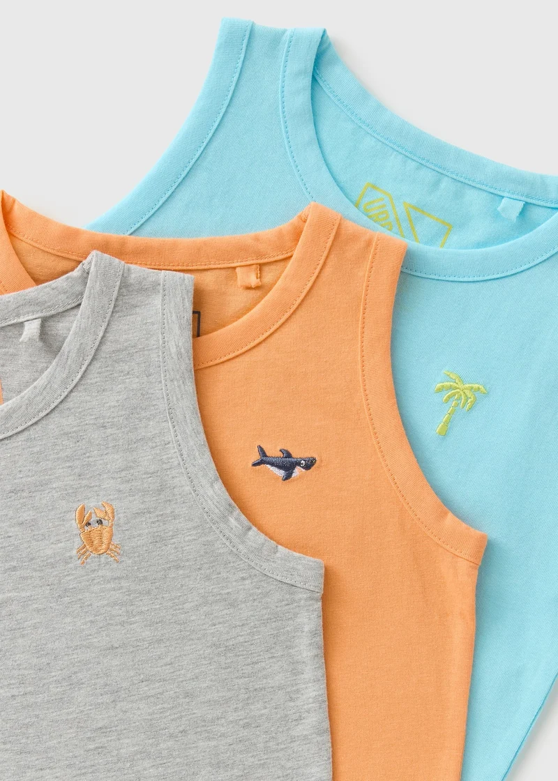 Matalan Boys 3 Pack Orange/Blue/Grey Embroidered Vests