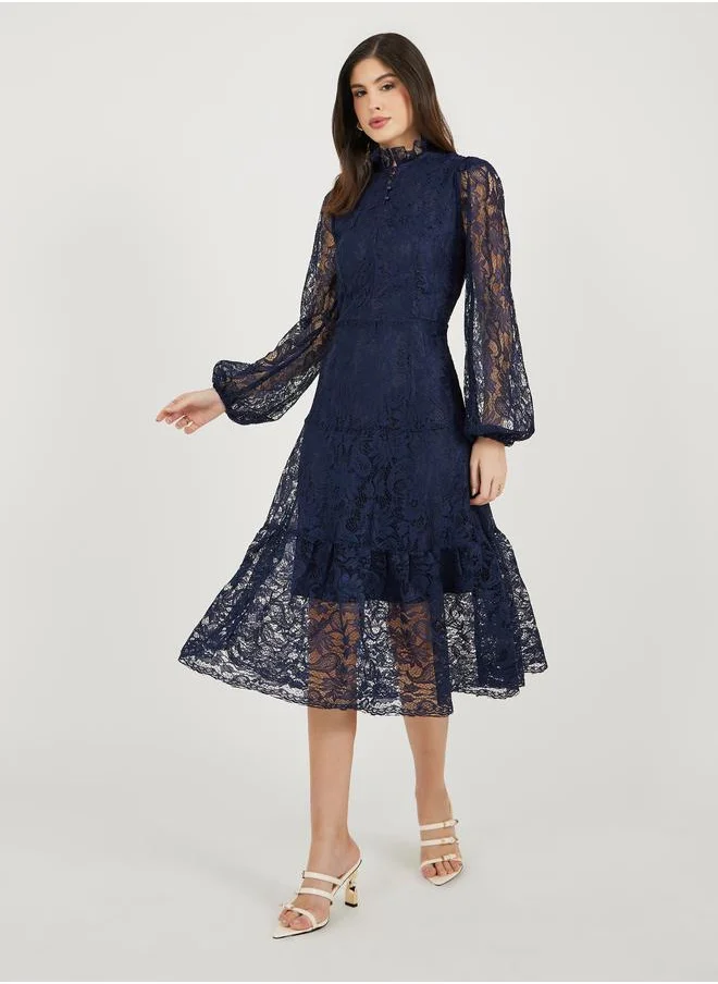 ستايلي Styli Lace Insert Balloon Sleeves A-Line Midi Dress