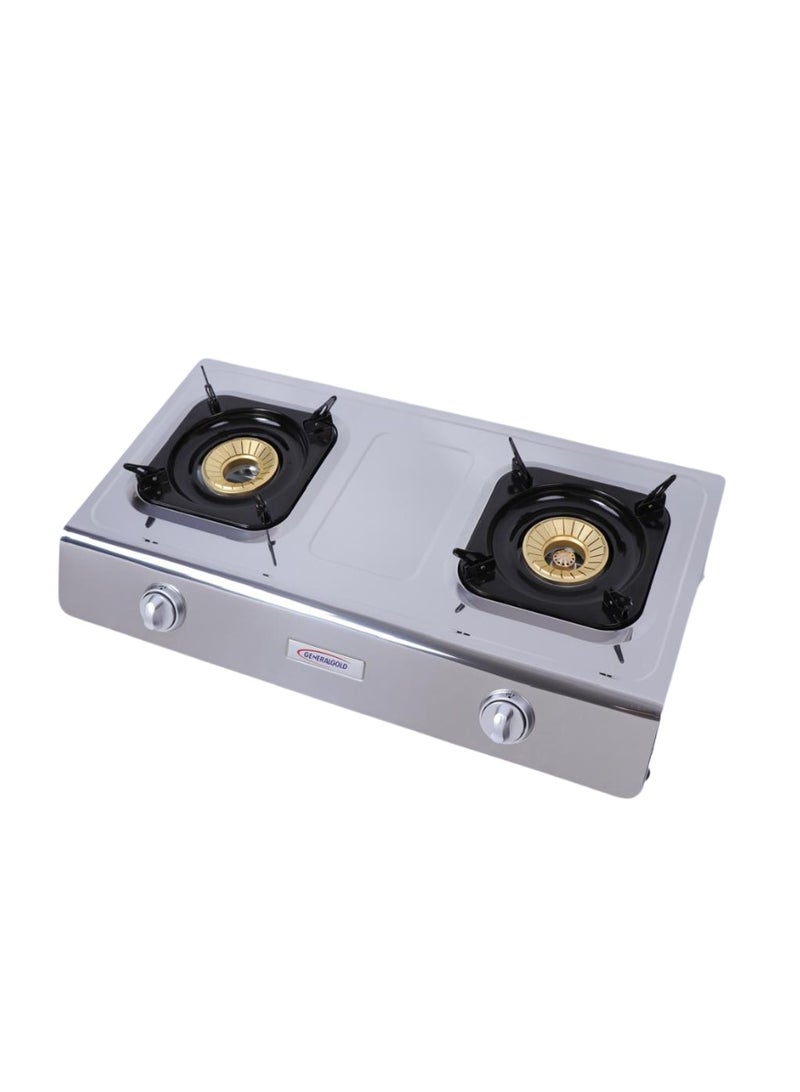 جينيرال جولد فرن غاز من نوع General Gold، سطح عمل، عدد 2 موقد، مصنوع من الفولاذ المقاوم للصدأ، قابل للنقل، يعمل بالغاز، مزود بمواقد نحاسية عالية الأداء، وإشعال تلقائي، وقواعد أواني مطلية بالمينا، بتصميم موفر للطاقة. - Image 1