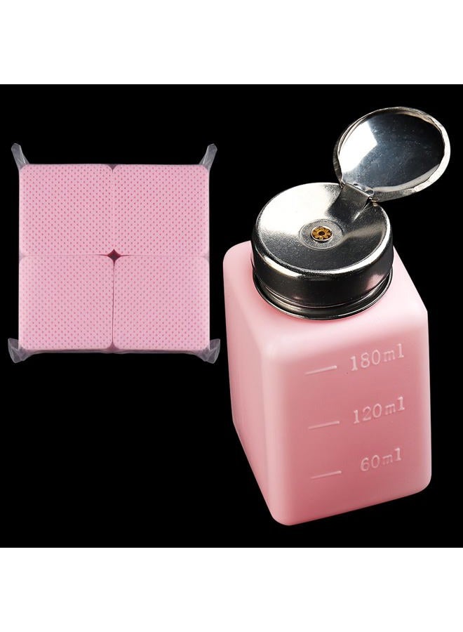 FSpronail Pump Bottle Dispenser 180ml Metal Push Down Pump Dispenser 200Pcs Lint Free Nail Wipes Alcohol Dispenser Eye Makeup Remover Pump Push Down Empty Bottle Nail Polish Remover Bottle - Image 1