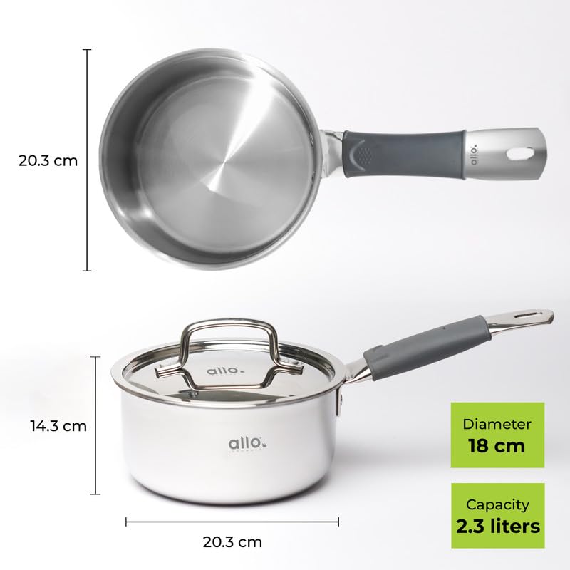 Allo Triply Stainless Steel Sauce TriPly Tea Pan/MilkPan, For Chai/Boil/Warm/Herb-Spice-Infusion, Heat Resist Handle with Lid Induction Friendly Naturally Non-Stick,10 Years Warranty, 18cm, 2.3 litres - Image 4