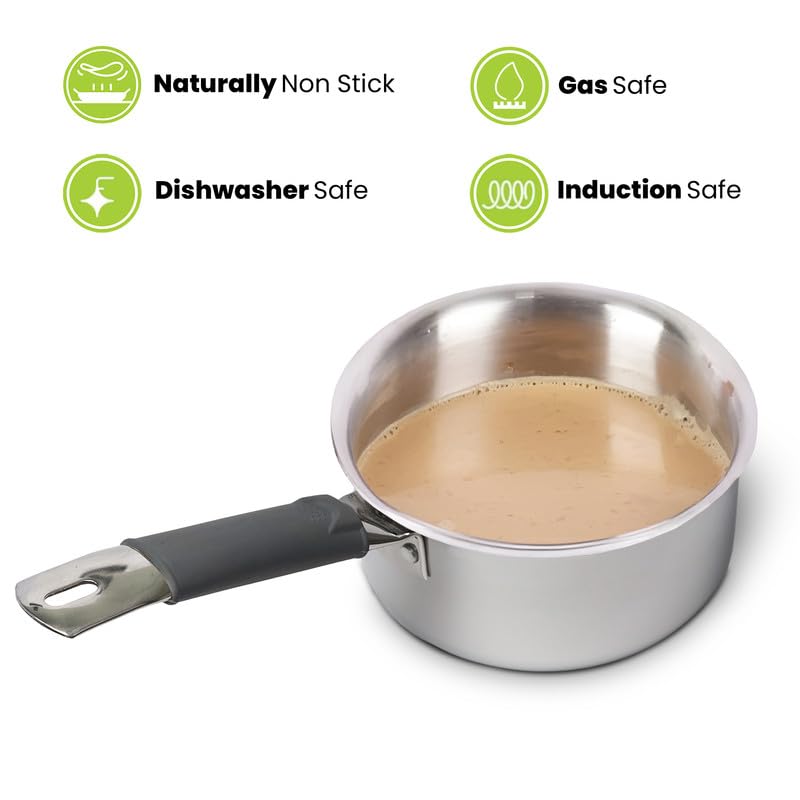 Allo Triply Stainless Steel Sauce TriPly Tea Pan/MilkPan, For Chai/Boil/Warm/Herb-Spice-Infusion, Heat Resist Handle with Lid Induction Friendly Naturally Non-Stick,10 Years Warranty, 18cm, 2.3 litres - Image 3