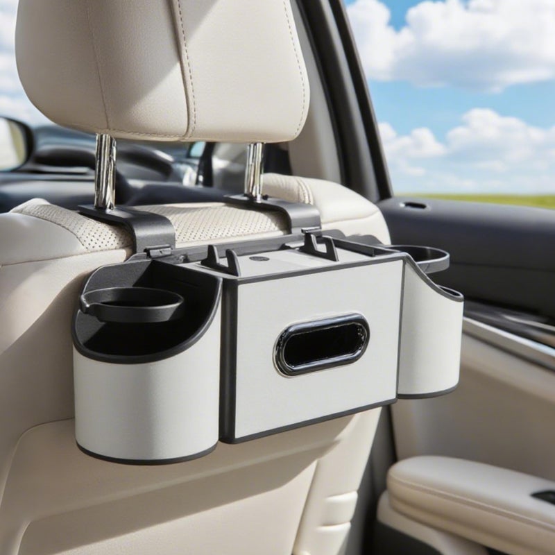 Joezhe Back Seat Car Organizer,4 in 1 Multifunctional Car Back Seat Storage Box with Drink Cup Holder Tissue Box, for Hold Phone,Snacks, Drinks, Handbag-White