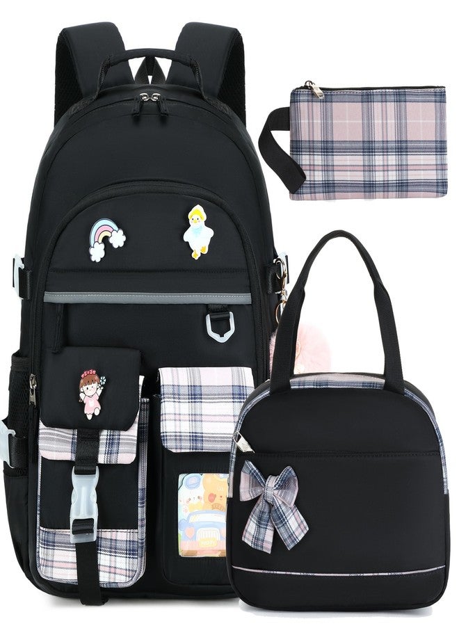 KIDNUO Backpack for Girls 15.6 Inch Laptop School Bag Kids Elementary 3pcs Backpacks Lunch box Pencil Case Set Bookbags, Black, Large, Laptop Backpack - Image 1