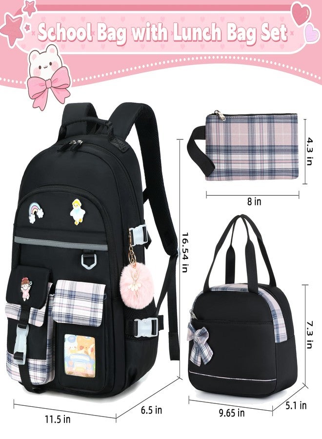 KIDNUO Backpack for Girls 15.6 Inch Laptop School Bag Kids Elementary 3pcs Backpacks Lunch box Pencil Case Set Bookbags, Black, Large, Laptop Backpack - Image 2