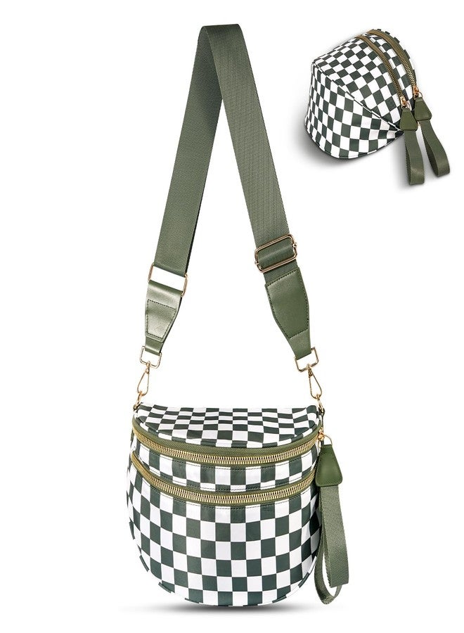 idoltimes Checkered Crossbody Bag, Bum Nylon Crossbody Bags for Women,Black and White Spacious Purse Fanny Packs Handbags, Greenwhite - Image 1