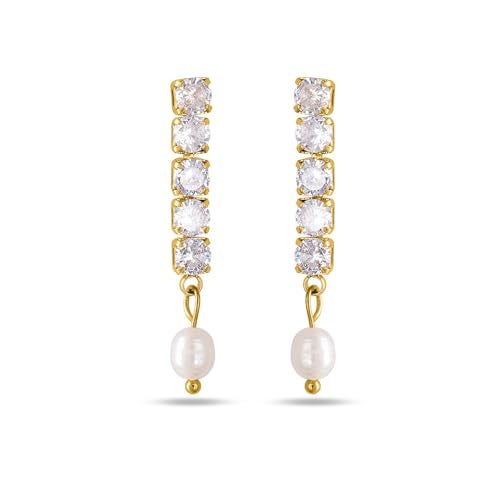 PALMONAS 18k Gold Plated Pearl Drop Diamond Earring for Women - Gift for Girls & Women | Waterproof & Anti-Tarnish Earrings - Image 1