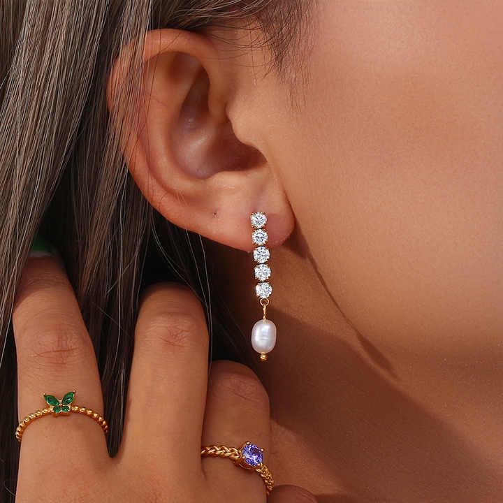 PALMONAS 18k Gold Plated Pearl Drop Diamond Earring for Women - Gift for Girls & Women | Waterproof & Anti-Tarnish Earrings - Image 2