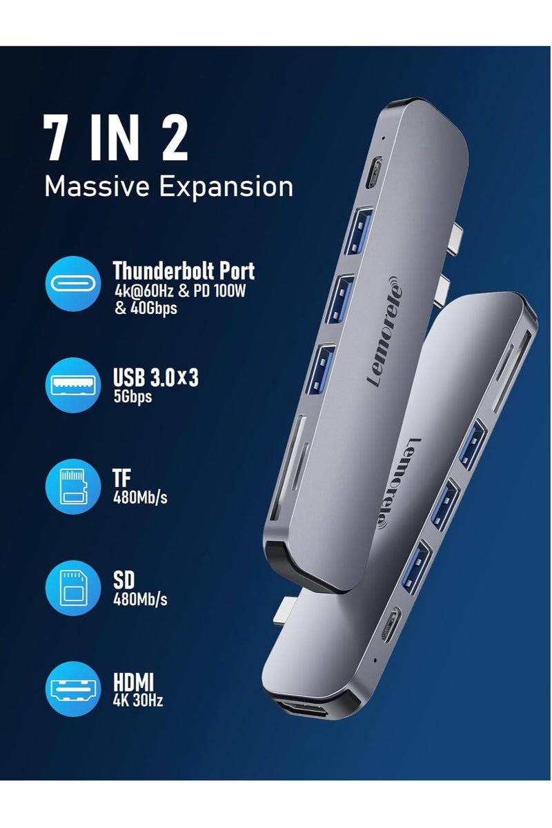 ليموريلي موزع USB C لأجهزة MacBook Pro/Air 2025-2018 M1 M2 M3 M4 13" 15" 16"، موزع محول متعدد المنافذ 7 في 2 مع دونجل Mac مع HDMI بدقة 4K، 3 منافذ USB 3.0، SD/TF 3.0، 100 واط PD 40Gbps Thunderbolt 3/4 - Image 2