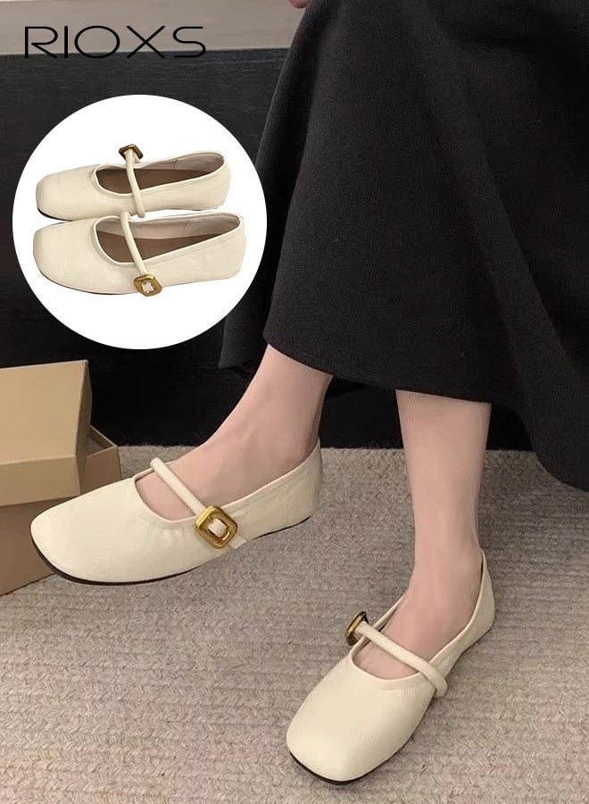 RIOXS Women's Comfort Shoes, Square Toe Mary Jane Flats for Women, Retro Premium Leather Dress Flats, Ankle-strap Mary Jane for Ladies, Elegant Slip-on Ballet Flat Shoes, Ladies Soft Comfortable Ballet Mary Jane Shoes, Casual Dressy Shoes for Female, Classic Flats for Party Wedding Date Nights Work Office and Daily Wear, Beige Footwear - Image 1