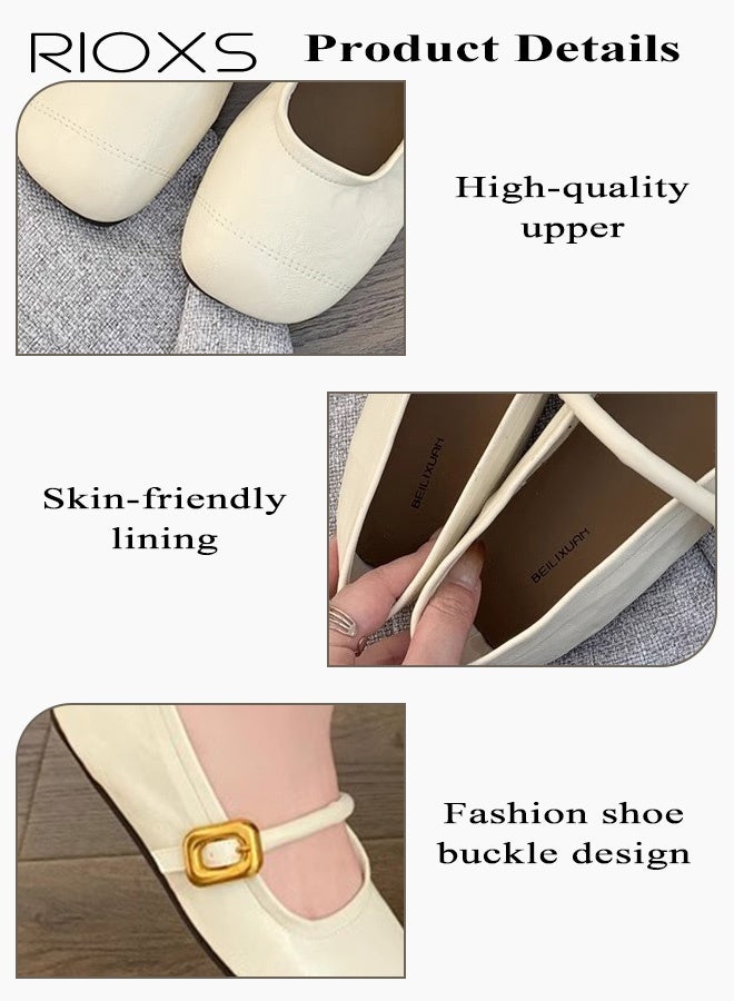 RIOXS Women's Comfort Shoes, Square Toe Mary Jane Flats for Women, Retro Premium Leather Dress Flats, Ankle-strap Mary Jane for Ladies, Elegant Slip-on Ballet Flat Shoes, Ladies Soft Comfortable Ballet Mary Jane Shoes, Casual Dressy Shoes for Female, Classic Flats for Party Wedding Date Nights Work Office and Daily Wear, Beige Footwear - Image 4