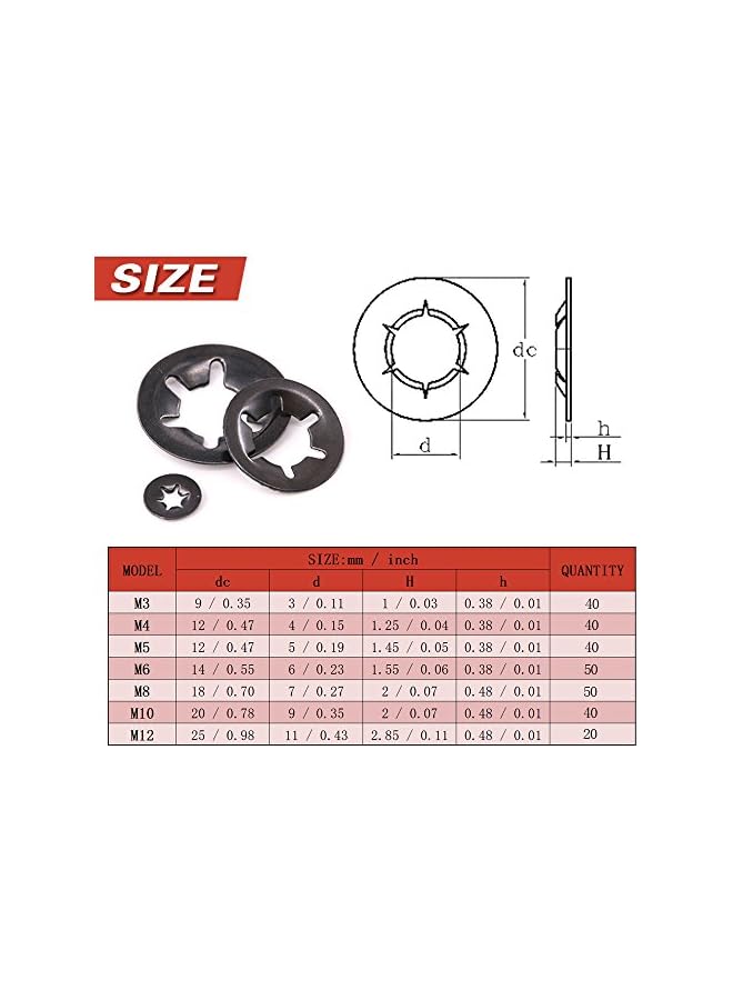 Hilitchi [7-Size] Internal Tooth Starlock Washers Quick Speed Locking Washers Push On Speed Clips Fasteners Assortment Kit, Black Oxide Finish - 280 Piece - Image 2