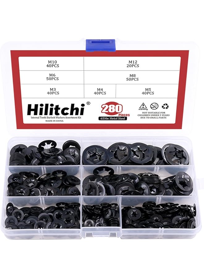 Hilitchi [7-Size] Internal Tooth Starlock Washers Quick Speed Locking Washers Push On Speed Clips Fasteners Assortment Kit, Black Oxide Finish - 280 Piece - Image 1