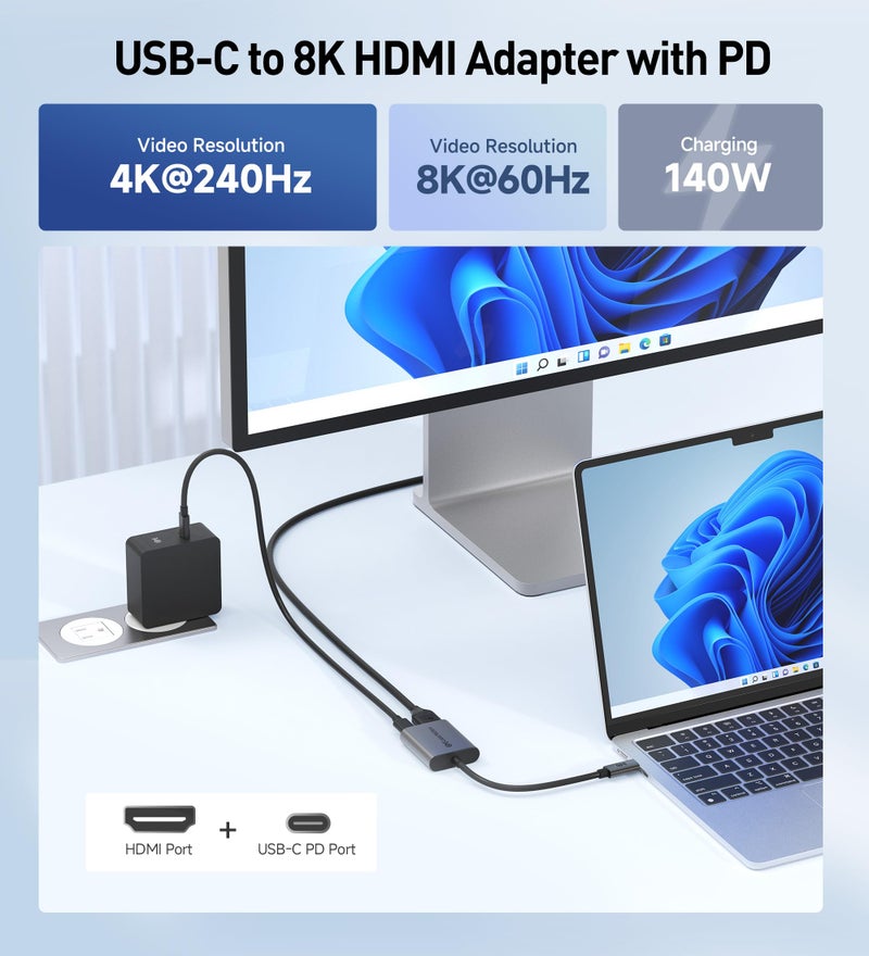 Cable Matters محول كابل ماترز USB C إلى HDMI 2.1 بسرعة 48 جيجابت في الثانية مع شحن 140 واط لنظام MacOS و Windows، يدعم [4K@240Hz / 8K@60Hz HDR]، محول Thunderbolt إلى HDMI، متوافق مع MacBook و XPS، لا يدعم VRR - Image 2
