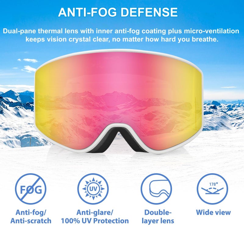 EXP VISION نظارات تزلج EXP VISION فوق النظارات - نظارات ثلج مضادة للضباب لنزول الثلج للرجال والنساء والشباب (نظارات تزلج للبالغين - وردي) - Image 2
