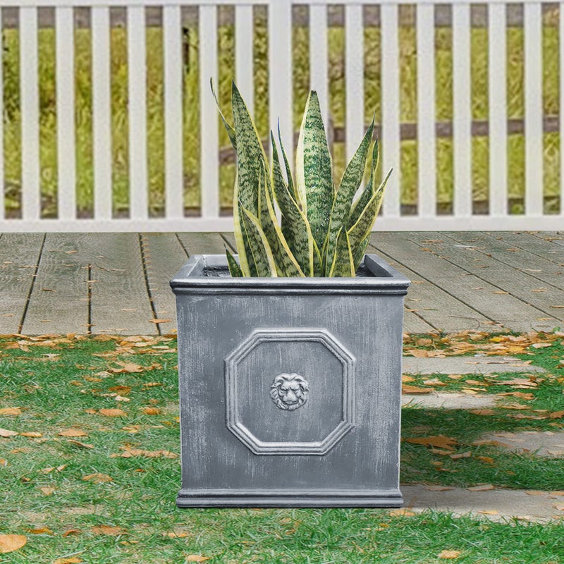 Kante Square Lion Head Concrete Planter, Classic English Style Plant Pot with Drainage Hole and Rubber Plug for Indoor Outdoor Garden Patio Home, 12.6"x12.6"x12.6" Antique Gray - Image 4