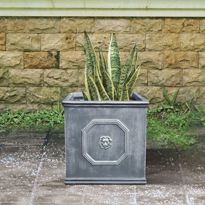 Kante Square Lion Head Concrete Planter, Classic English Style Plant Pot with Drainage Hole and Rubber Plug for Indoor Outdoor Garden Patio Home, 12.6"x12.6"x12.6" Antique Gray - Image 5