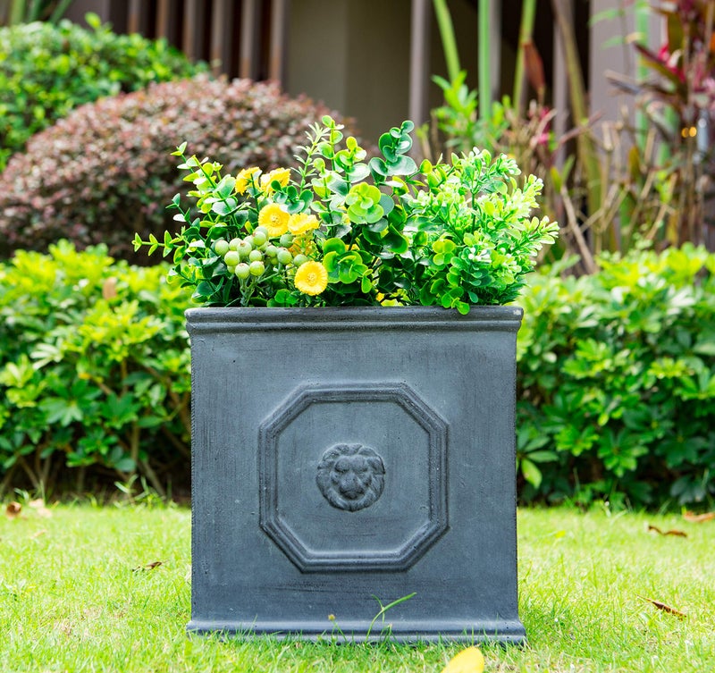 Kante Square Lion Head Concrete Planter, Classic English Style Plant Pot with Drainage Hole and Rubber Plug for Indoor Outdoor Garden Patio Home, 12.6"x12.6"x12.6" Antique Gray - Image 2