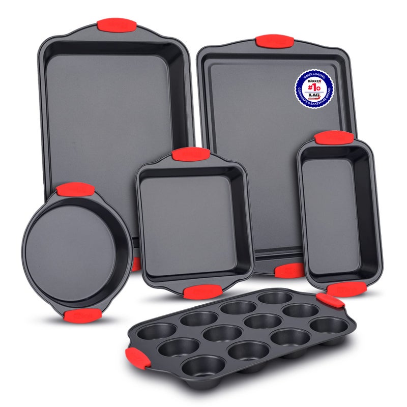 BAKKENMASTER Baking Set  6 Piece Kitchen Oven Bakeware Set  Deluxe NonStick Black Coating Inside and Outside  Carbon Steel  Red Silicone Handles  PFOA PFOS and PTFE Free by Bakken