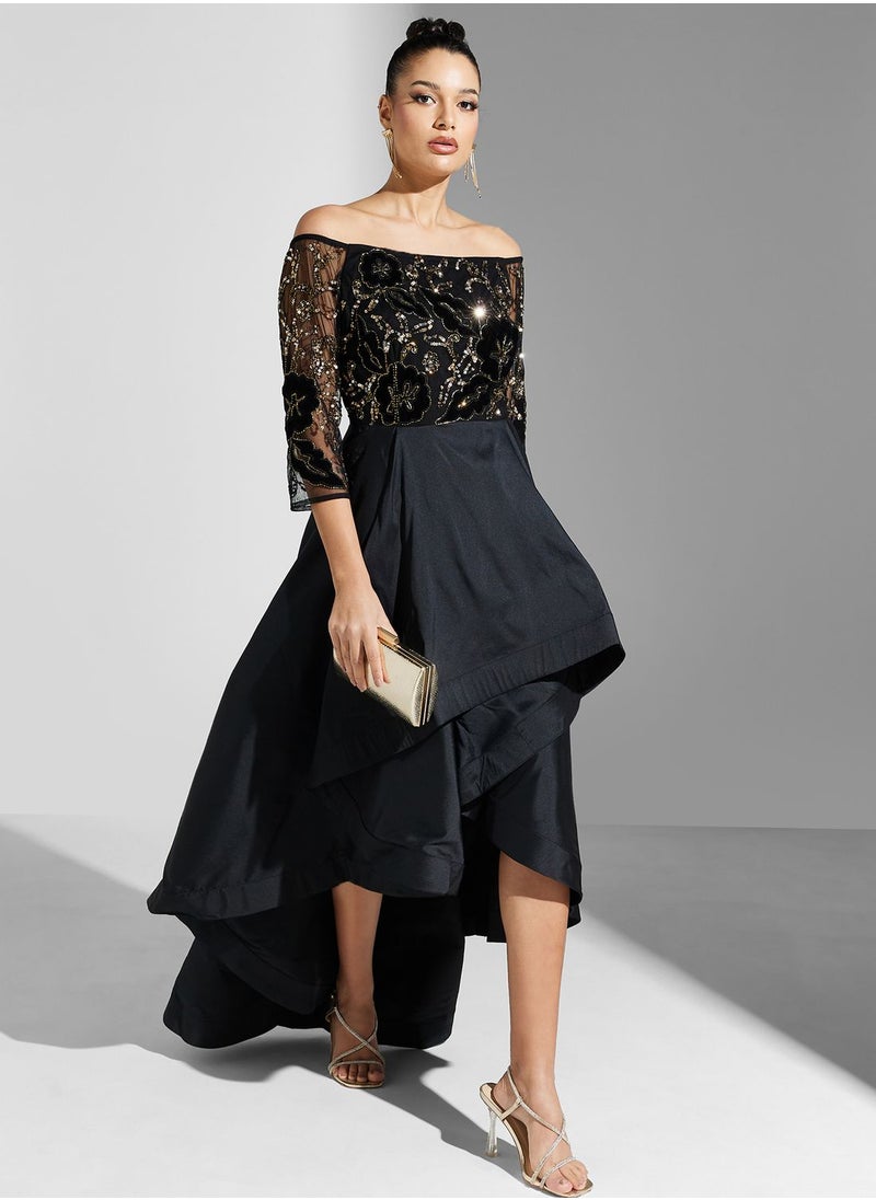 Adrianna Papell - Bardot Lace Detail Dress - Image 1
