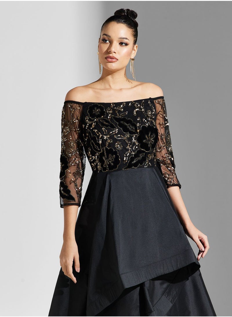 Adrianna Papell - Bardot Lace Detail Dress - Image 1