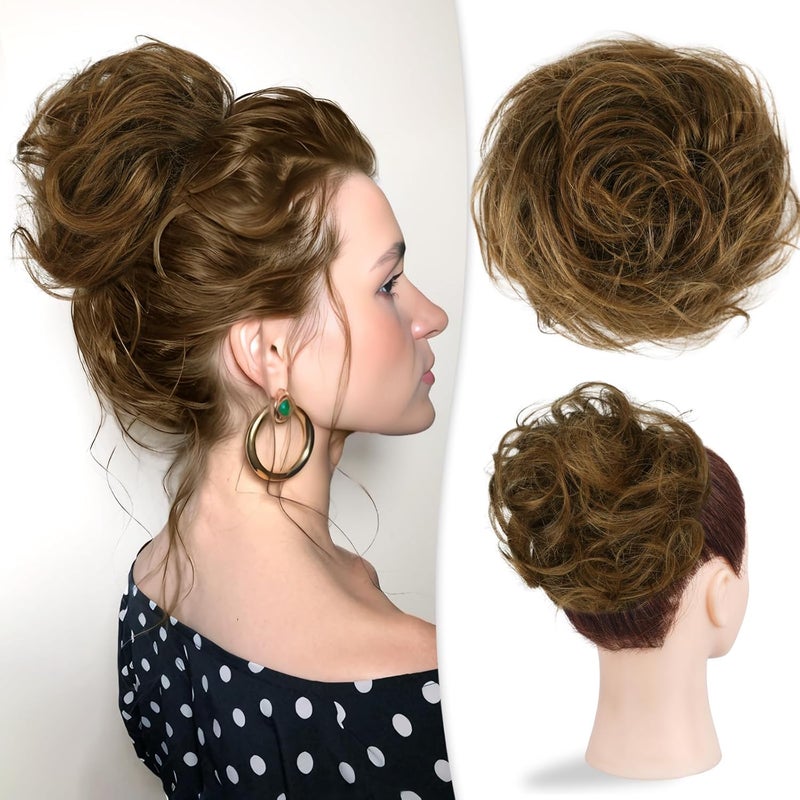 RUWISS Large Messy Bun Hair Piece 100 Human Hair Layered Wavy Curly Hair Buns Hair Piece for Women Thick Updo Hairpiece for Daily Wear Real Hair Ponytail Extension Dark Brown with Golden Blonde