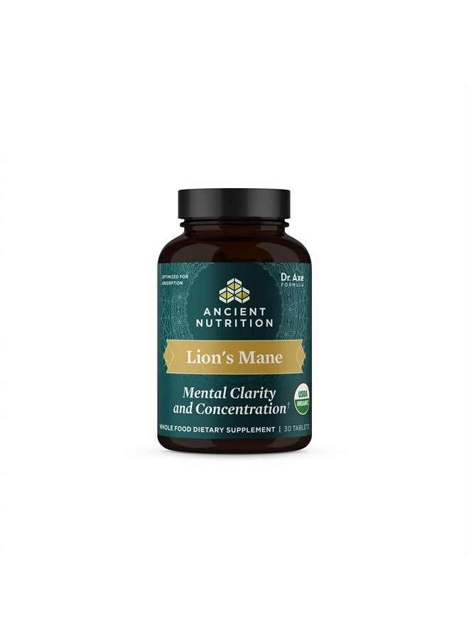 Ancient Nutrition - Organic Lion's Mane Mushroom Supplement with Ashwagandha, Organic Lion's Mane Supports Healthy Energy and Concentration, Reduces Fatigue, Gluten Free and Keto Friendly, 30 Tablets - Image 1