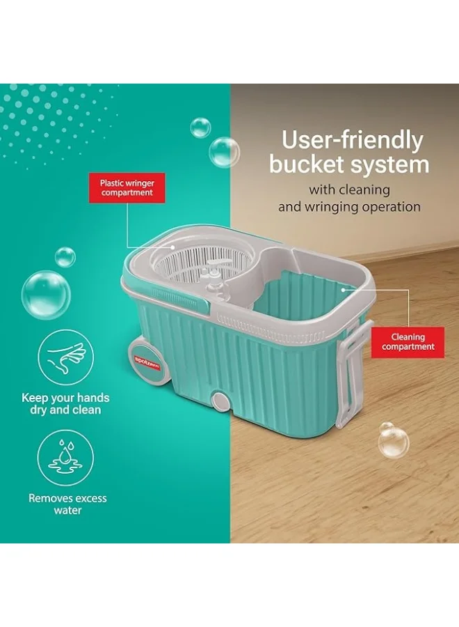 Milton Spotzero by Milton Spin mop Bucket with Wringer on Wheels, Extendable Handle 360 Spin mops for Floor Cleaning, 2 Microfiber Refills, Aqua Green Elite