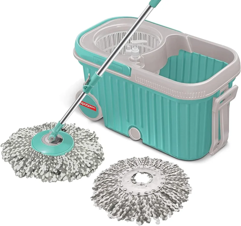 Milton Spotzero by Milton Elite Spin Mop with Big Wheels, Puller Handle, Bucket Floor Cleaning and Mopping System 360° Flexible,2 Microfiber Refills, Big Size, Aqua Green