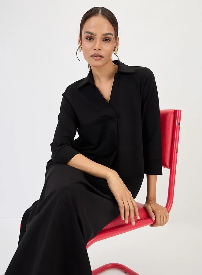 Femmella Black A-Line Midi Dress with 3/4 Sleeves