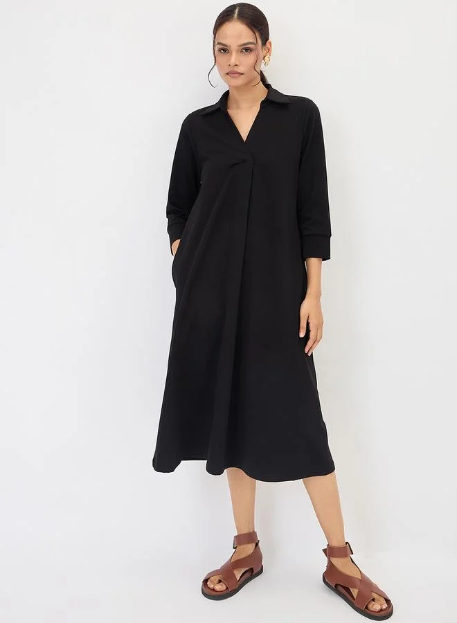Femmella Black A-Line Midi Dress with 3/4 Sleeves