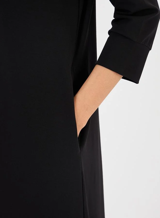 Femmella Black A-Line Midi Dress with 3/4 Sleeves
