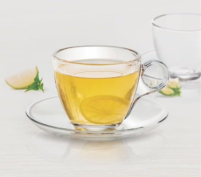 Mevanta Premium Glass Tea Cup and Saucer Set (6 Cups & 6 Saucers - 190 ML) Transparent Cups & Saucer Set For Coffee Herbal Green Tea, Lemon Tea, Espresso, Hot Chocolate,Cappuccino (MSC - 04, Set of 6) - Image 4