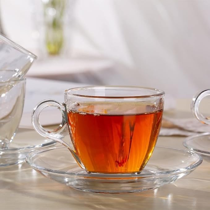 Mevanta Premium Glass Tea Cup and Saucer Set (6 Cups & 6 Saucers - 190 ML) Transparent Cups & Saucer Set For Coffee Herbal Green Tea, Lemon Tea, Espresso, Hot Chocolate,Cappuccino (MSC - 04, Set of 6) - Image 1