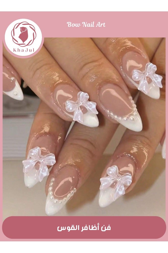 KHAJUL 24-Piece Full Cover False French Tip Press on Nails,Medium Fake Nails Almond Glue on Nails Bow Charm Pearl Design Acrylic Nails(White) - Image 1