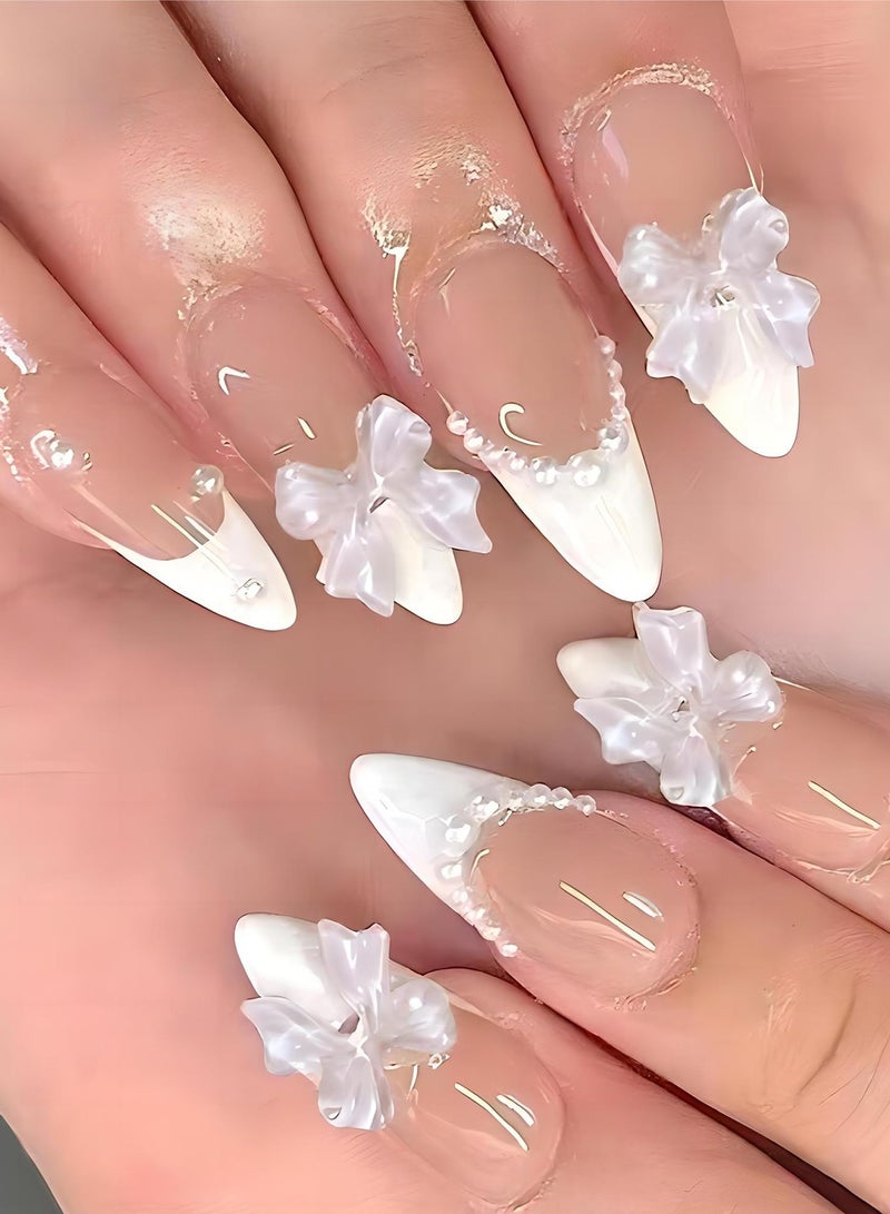 KHAJUL 24-Piece Full Cover False French Tip Press on Nails,Medium Fake Nails Almond Glue on Nails Bow Charm Pearl Design Acrylic Nails(White) - Image 4