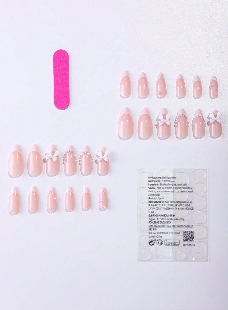 KHAJUL 24-Piece Full Cover False French Tip Press on Nails,Medium Fake Nails Almond Glue on Nails Bow Charm Pearl Design Acrylic Nails(White) - Image 2