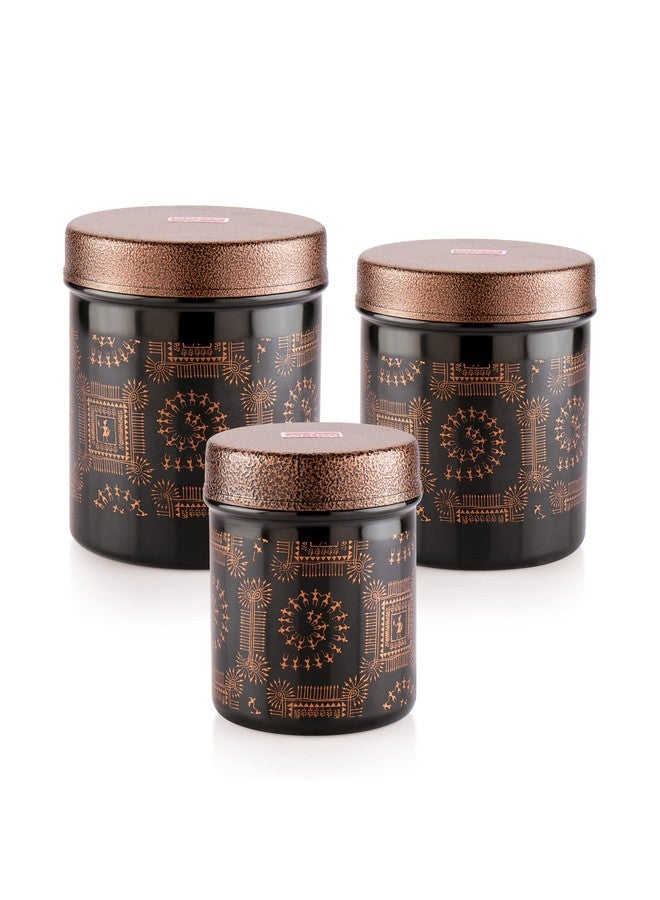 Attro Wedding Collection Stainless Steel Airtight Kitchen Storage Container with Lid for Tea Coffee & Sugar, Dry Fruit Jars, Storage Box, Set of 3 - Black & Gold - Image 1