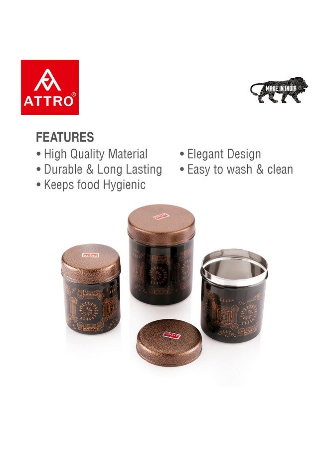 Attro Wedding Collection Stainless Steel Airtight Kitchen Storage Container with Lid for Tea Coffee & Sugar, Dry Fruit Jars, Storage Box, Set of 3 - Black & Gold - Image 2