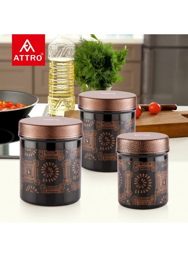 Attro Wedding Collection Stainless Steel Airtight Kitchen Storage Container with Lid for Tea Coffee & Sugar, Dry Fruit Jars, Storage Box, Set of 3 - Black & Gold - Image 3